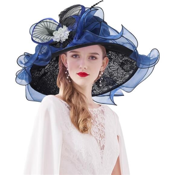 Women Hat Wide Brim Tea Party Fascinator Blue Black